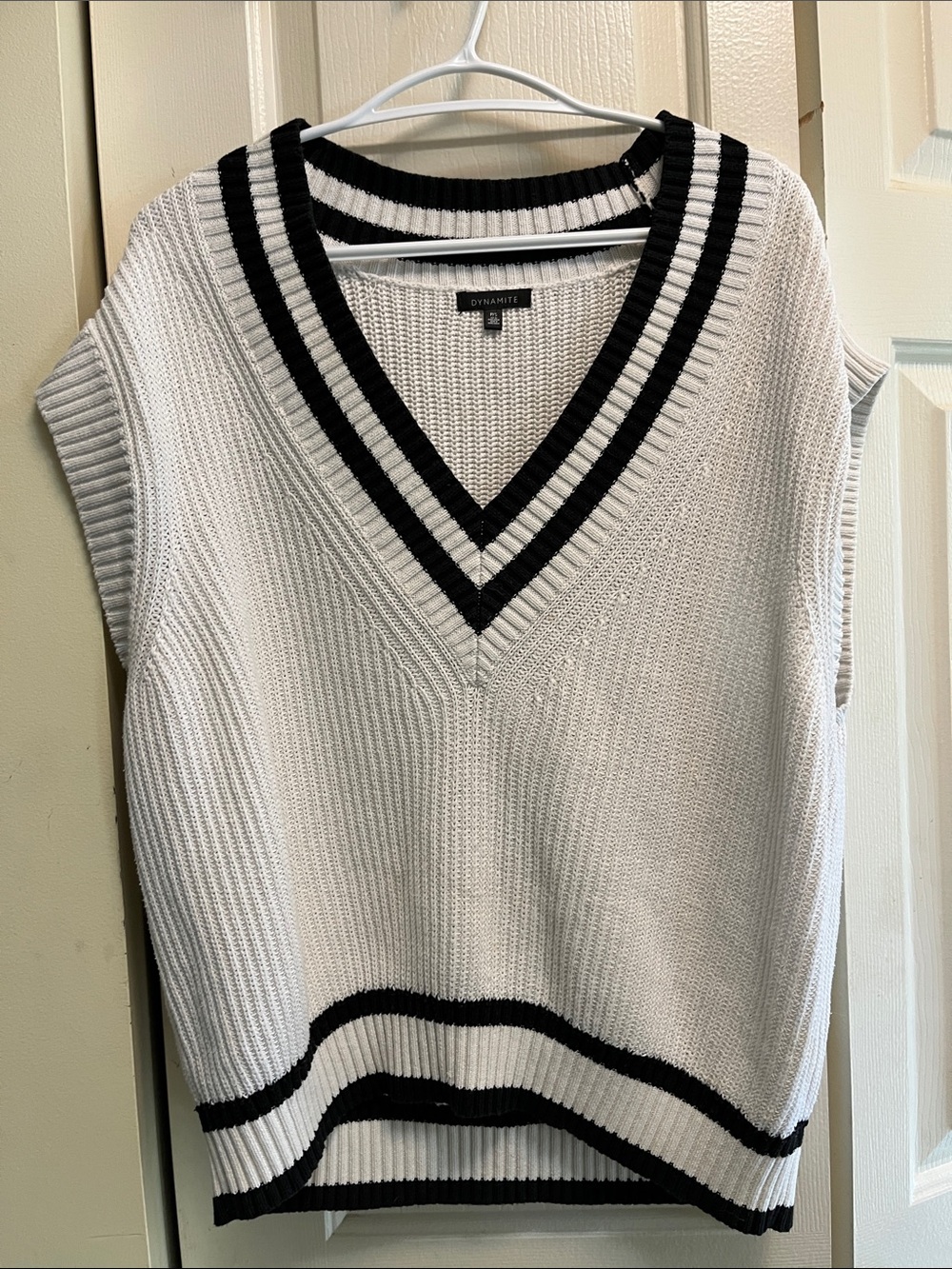 Dynamite Cream V-Neck Knit Vest with Black Stripe Trim